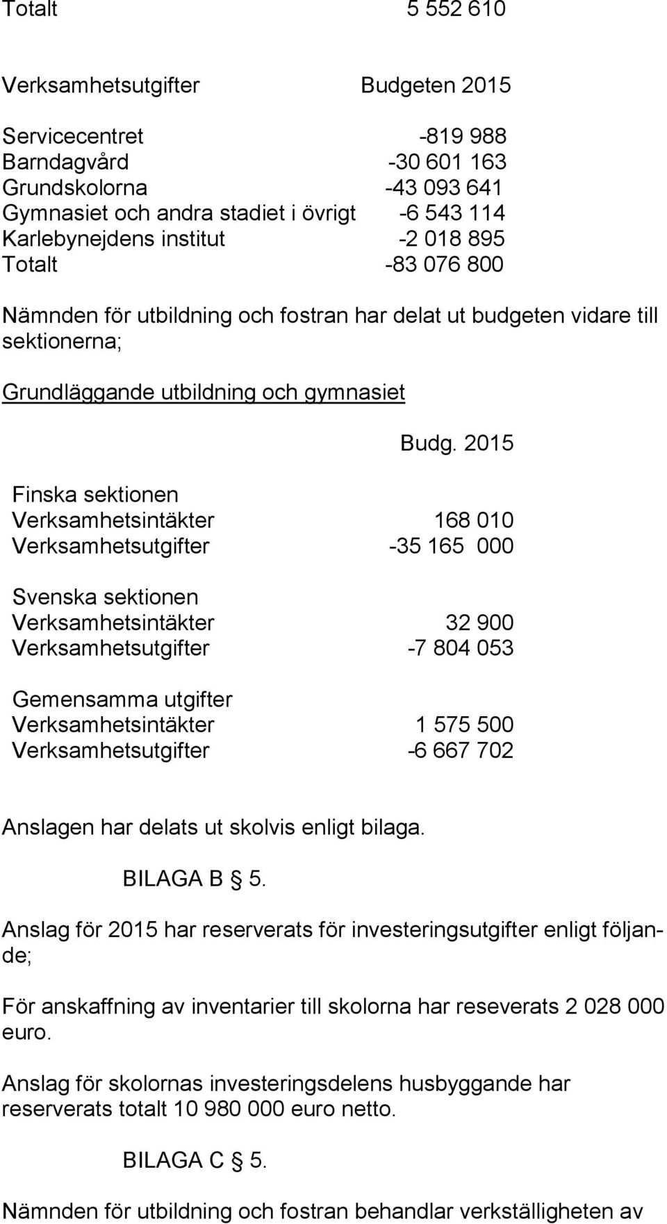 2015 Finska sektionen Verksamhetsintäkter 168 010 Verksamhetsutgifter -35 165 000 Svenska sektionen Verksamhetsintäkter 32 900 Verksamhetsutgifter -7 804 053 Gemensamma utgifter Verksamhetsintäkter 1