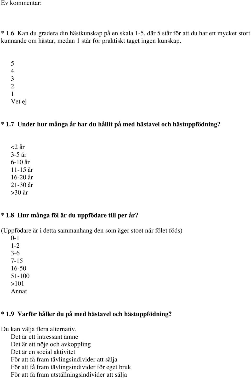 (Uppfödare är i detta sammanhang den som äger stoet när fölet föds) 0-1 1-2 3-6 7-15 16-50 51-100 >101 * 1.9 Varför håller du på med hästavel och hästuppfödning?