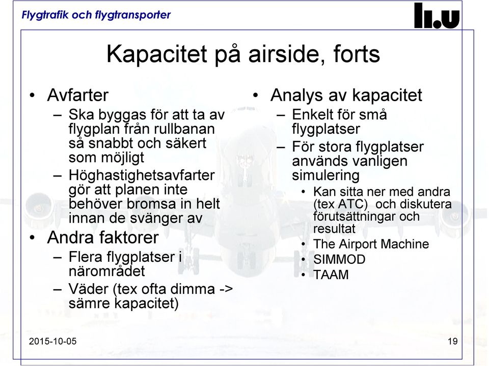 närområdet Väder (tex ofta dimma -> sämre kapacitet) Analys av kapacitet Enkelt för små flygplatser För stora flygplatser