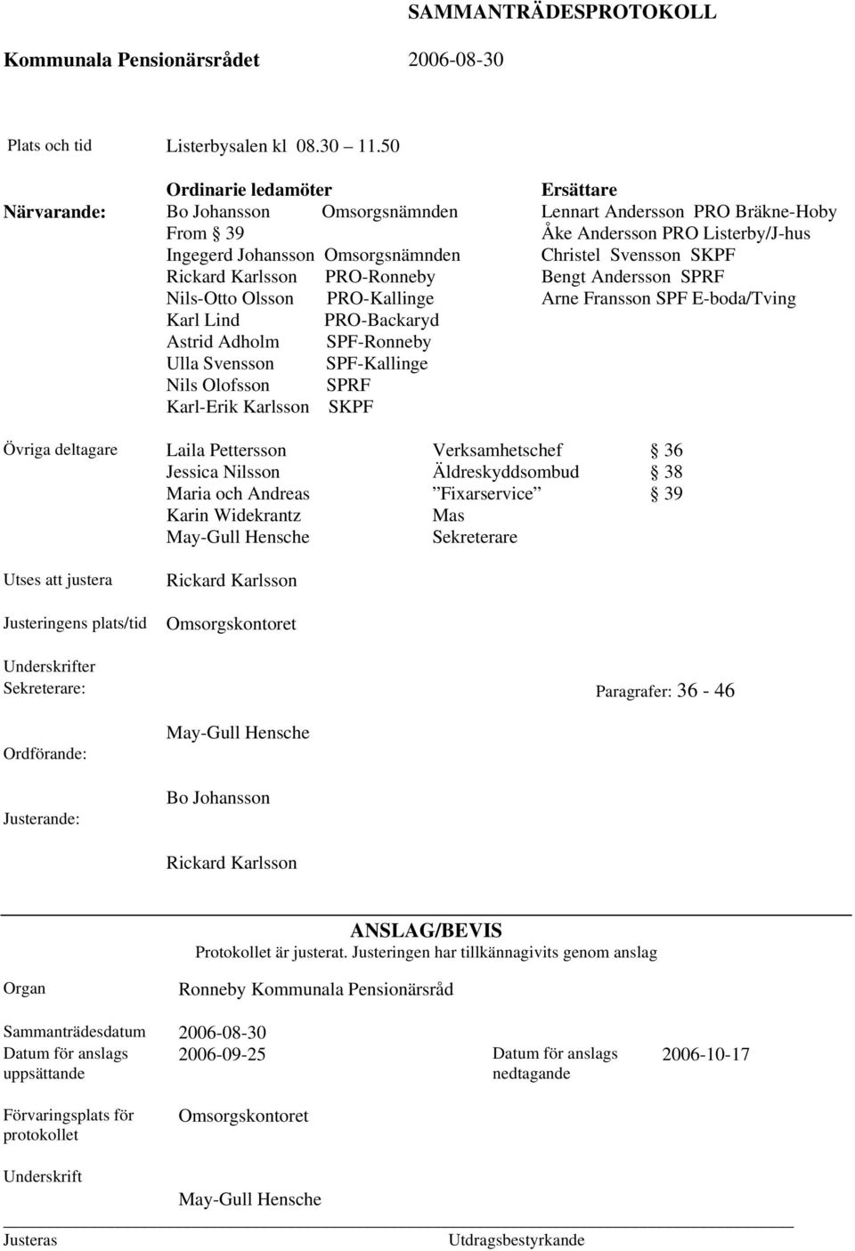 Adholm SPF-Ronneby Ulla Svensson SPF-Kallinge Nils Olofsson SPRF Karl-Erik Karlsson SKPF Ersättare Lennart Andersson PRO Bräkne-Hoby Åke Andersson PRO Listerby/J-hus Christel Svensson SKPF Bengt