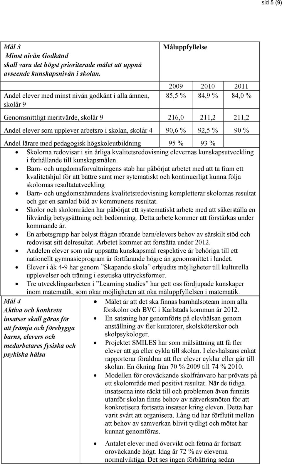 i skolan, skolår 4 90,6 % 92,5 % 90 % Andel lärare med pedagogisk högskoleutbildning 95 % 93 % Skolorna redovisar i sin årliga kvalitetsredovisning elevernas kunskapsutveckling i förhållande till