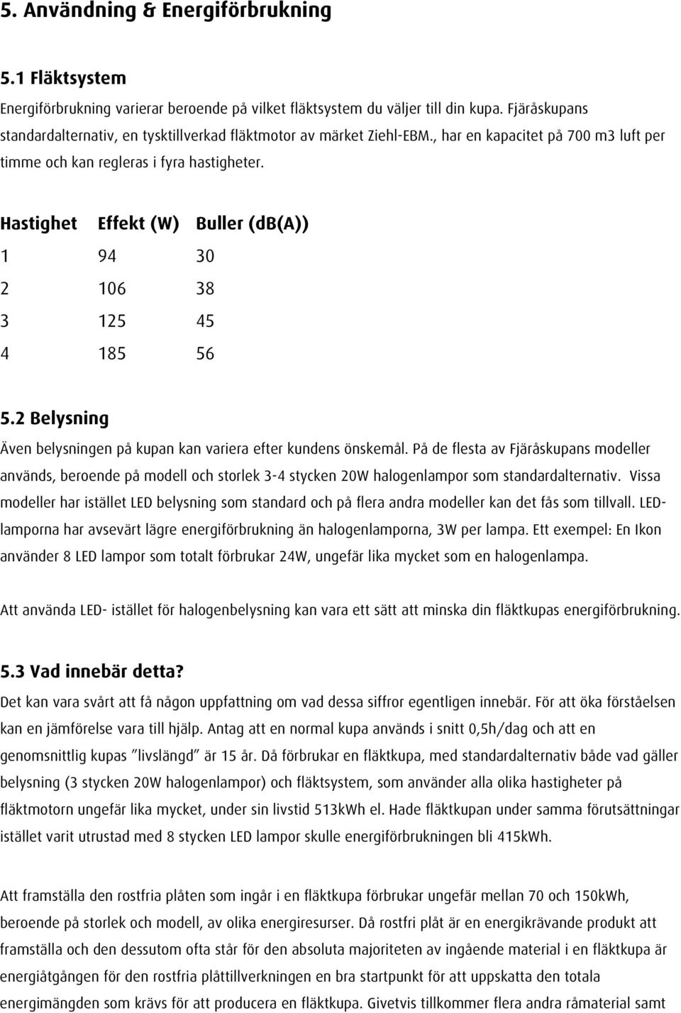 Hastighet Effekt (W) Buller (db(a)) 1 94 30 2 106 38 3 125 45 4 185 56 5.2 Belysning Även belysningen på kupan kan variera efter kundens önskemål.