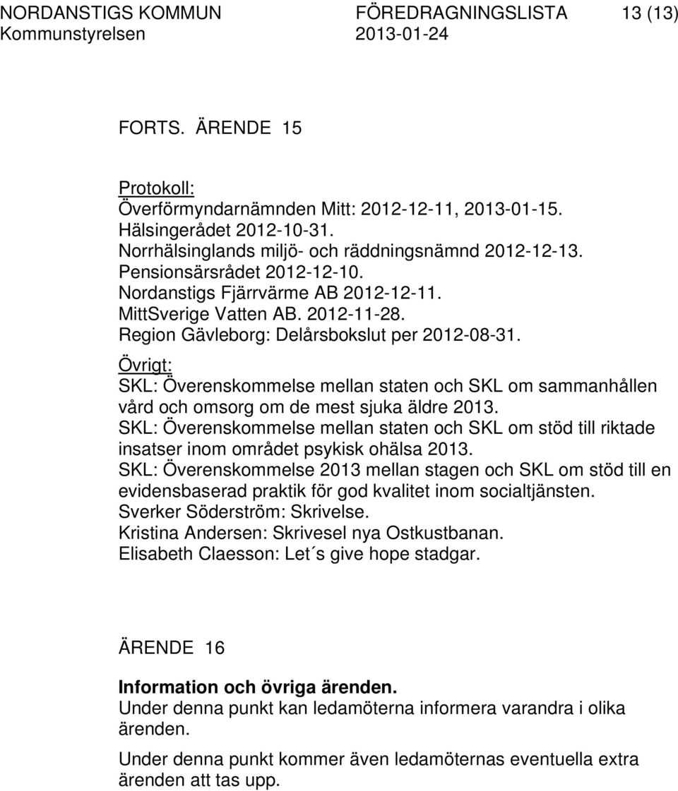 Region Gävleborg: Delårsbokslut per 2012-08-31. Övrigt: SKL: Överenskommelse mellan staten och SKL om sammanhållen vård och omsorg om de mest sjuka äldre 2013.