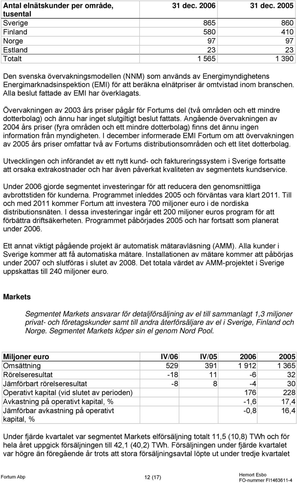 tusental Sverige 865 860 Finland 580 410 Norge 97 97 Estland 23 23 Totalt 1 565 1 390 Den svenska övervakningsmodellen (NNM) som används av Energimyndighetens Energimarknadsinspektion (EMI) för att