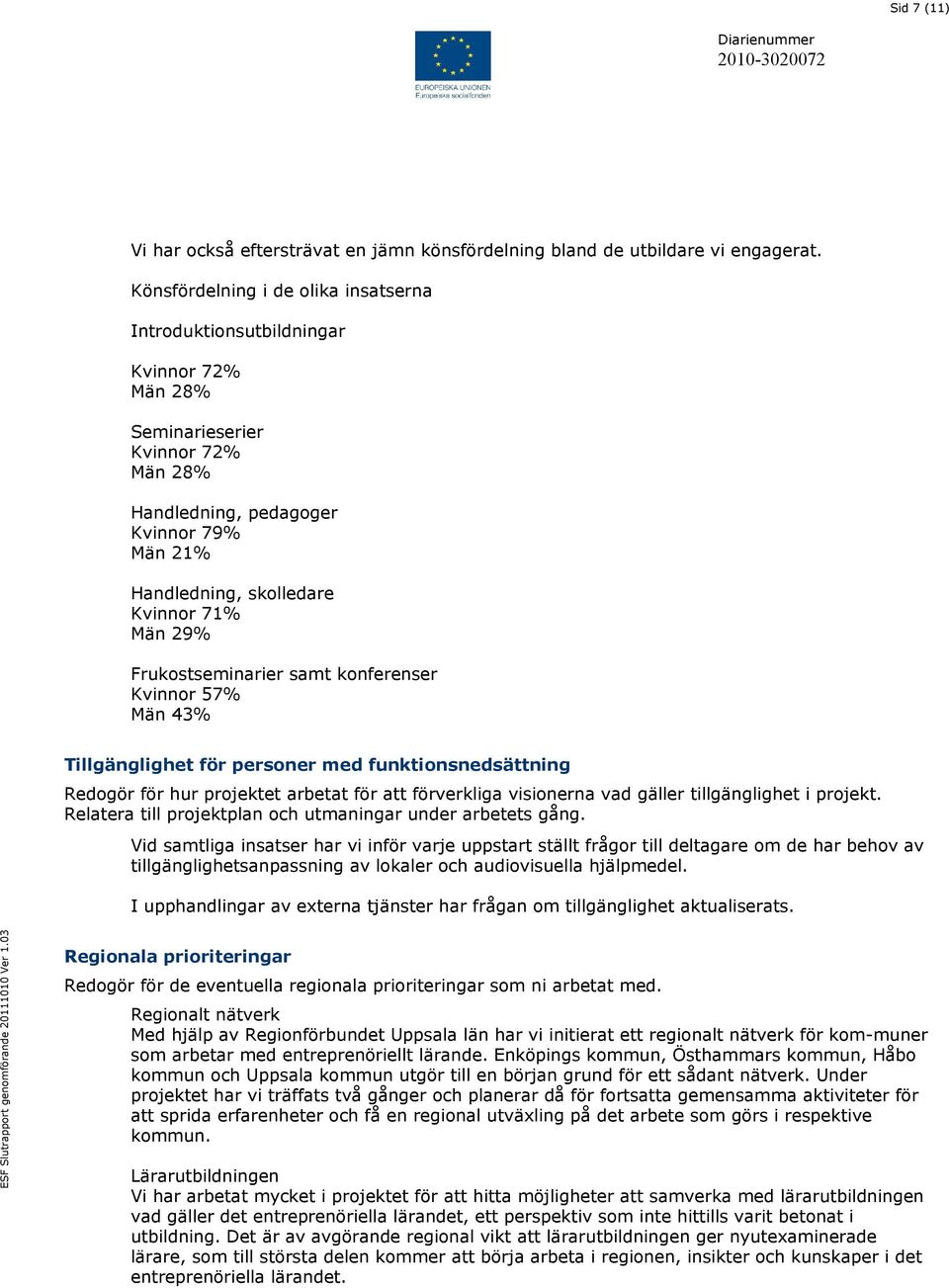 Män 29% Frukostseminarier samt konferenser Kvinnor 57% Män 43% Tillgänglighet för personer med funktionsnedsättning Redogör för hur projektet arbetat för att förverkliga visionerna vad gäller