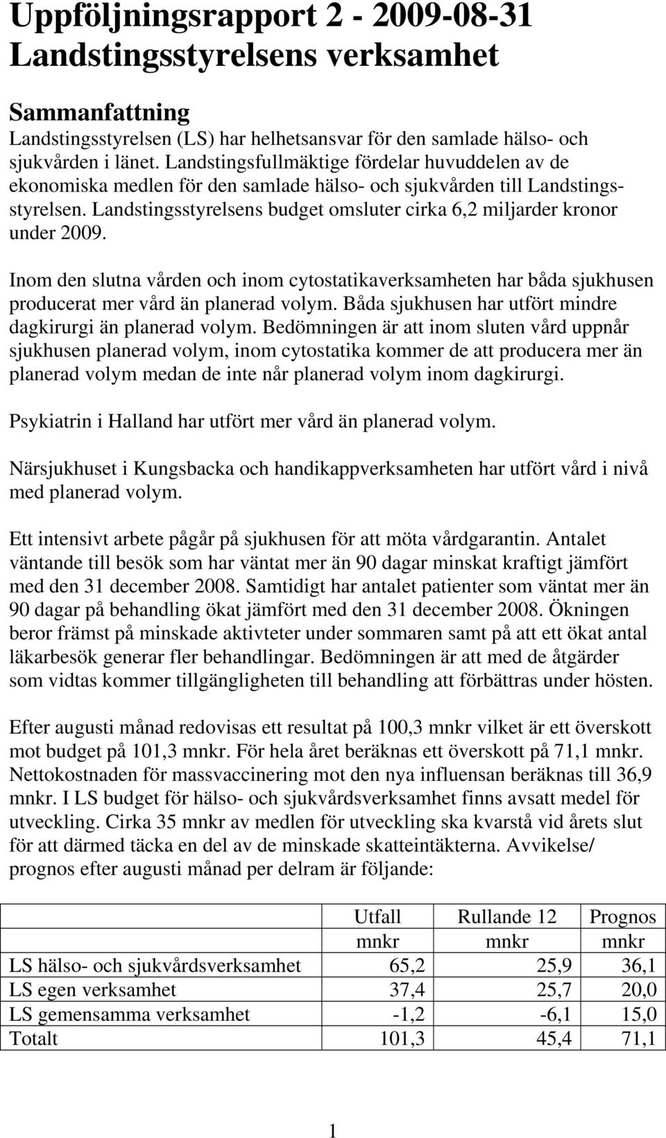 Landstingsstyrelsens budget omsluter cirka 6,2 miljarder kronor under 2009. Inom den slutna vården och inom cytostatikaverksamheten har båda sjukhusen producerat mer vård än planerad volym.