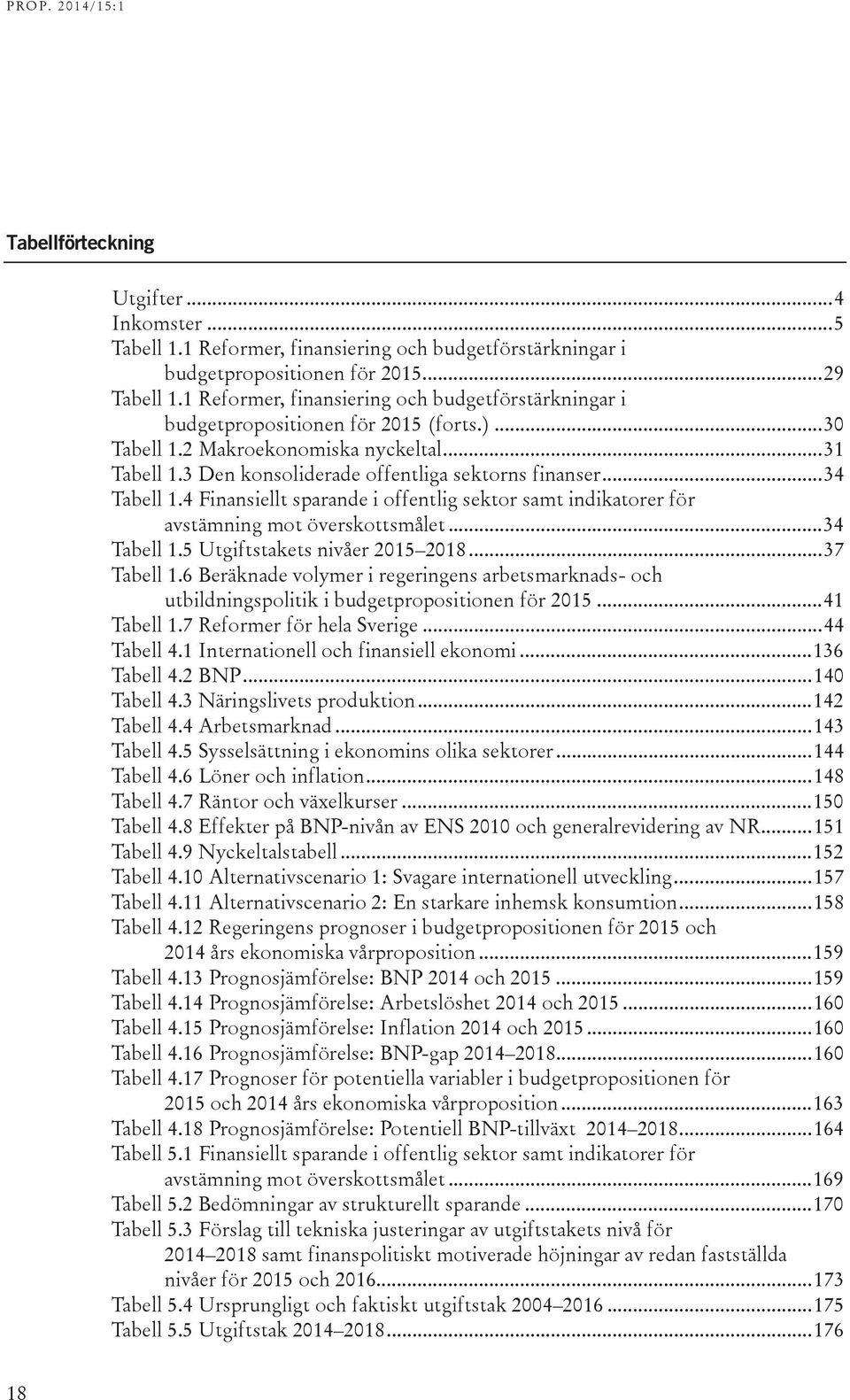 .. 34 Tabell 1.4 Finansiellt sparande i offentlig sektor samt indikatorer för avstämning mot överskottsmålet... 34 Tabell 1.5 Utgiftstakets nivåer 2015 2018... 37 Tabell 1.