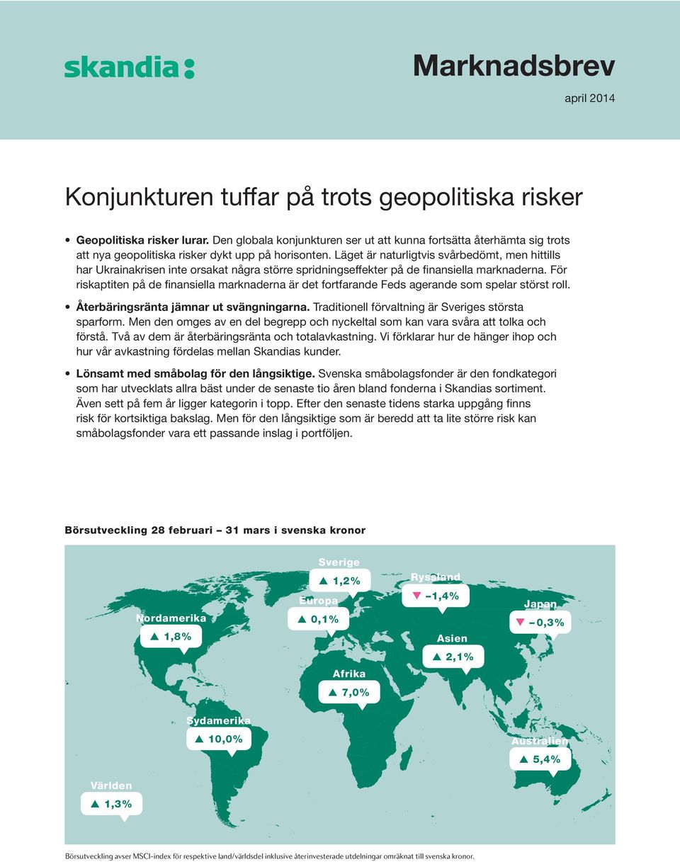 Läget är naturligtvis svårbedömt, men hittills har Ukrainakrisen inte orsakat några större spridningseffekter på de finansiella marknaderna.