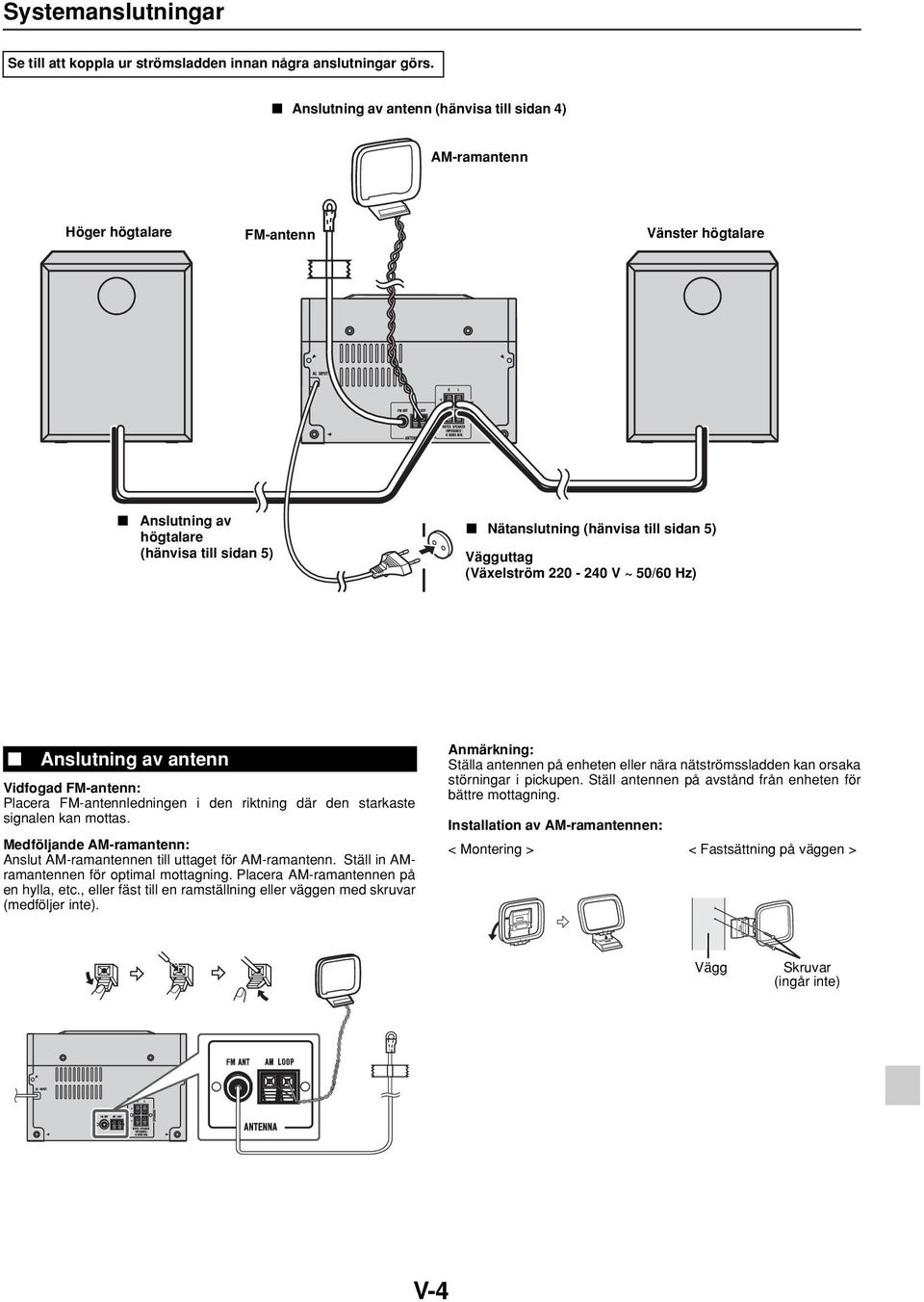 (Växelström 220-240 V ~ 50/60 Hz) Anslutning av antenn Vidfogad FM-antenn: Placera FM-antennledningen i den riktning där den starkaste signalen kan mottas.