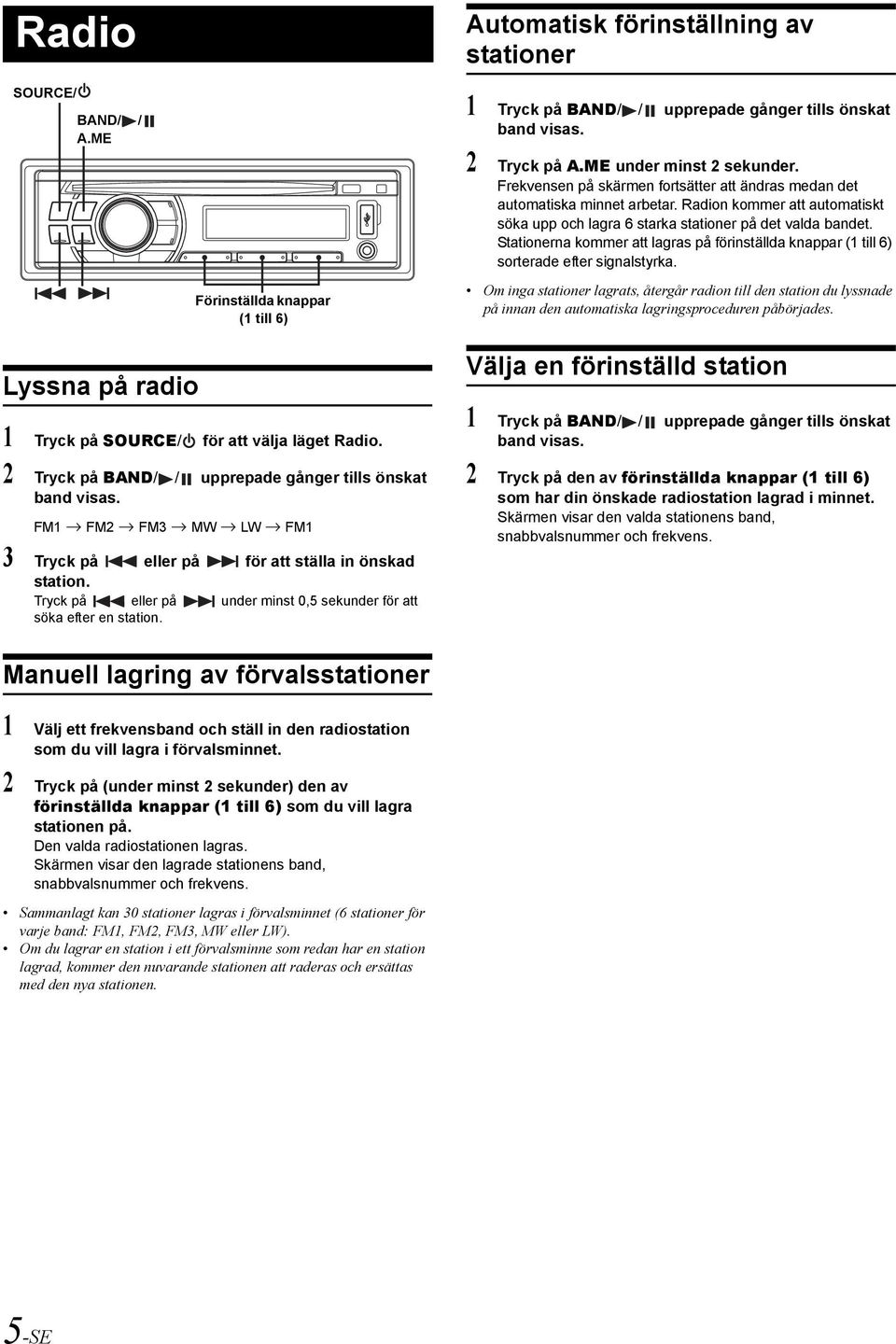 Stationerna kommer att lagras på förinställda knappar (1 till 6) sorterade efter signalstyrka.