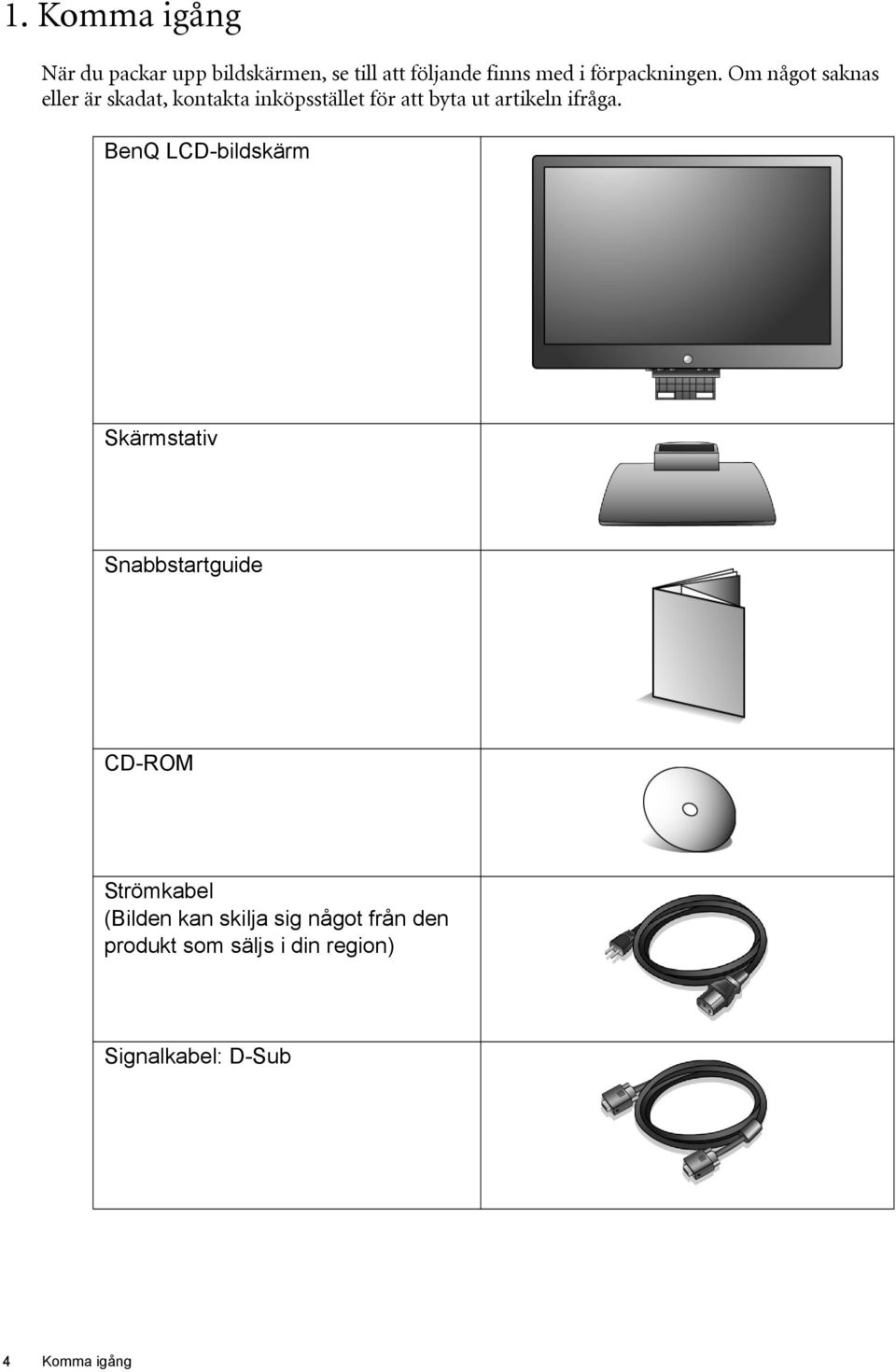 Om något saknas eller är skadat, kontakta inköpsstället för att byta ut artikeln ifråga.