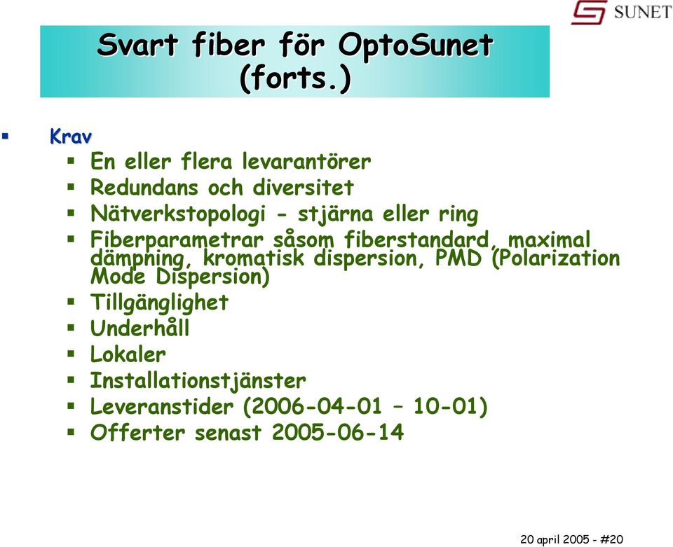 ring Fiberparametrar såsom fiberstandard, maximal dämpning, kromatisk dispersion, PMD