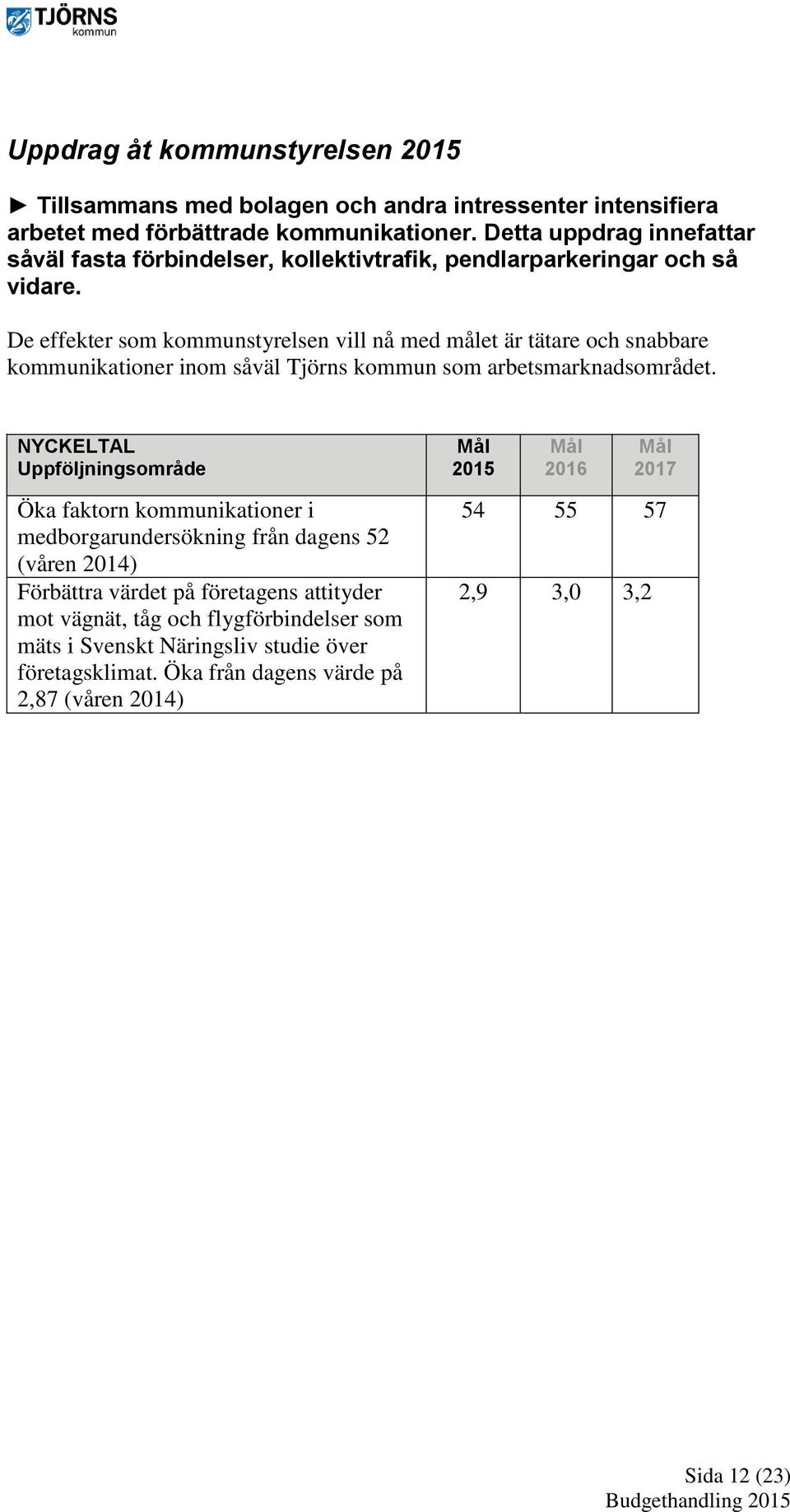 De effekter som kommunstyrelsen vill nå med målet är tätare och snabbare kommunikationer inom såväl Tjörns kommun som arbetsmarknadsområdet.