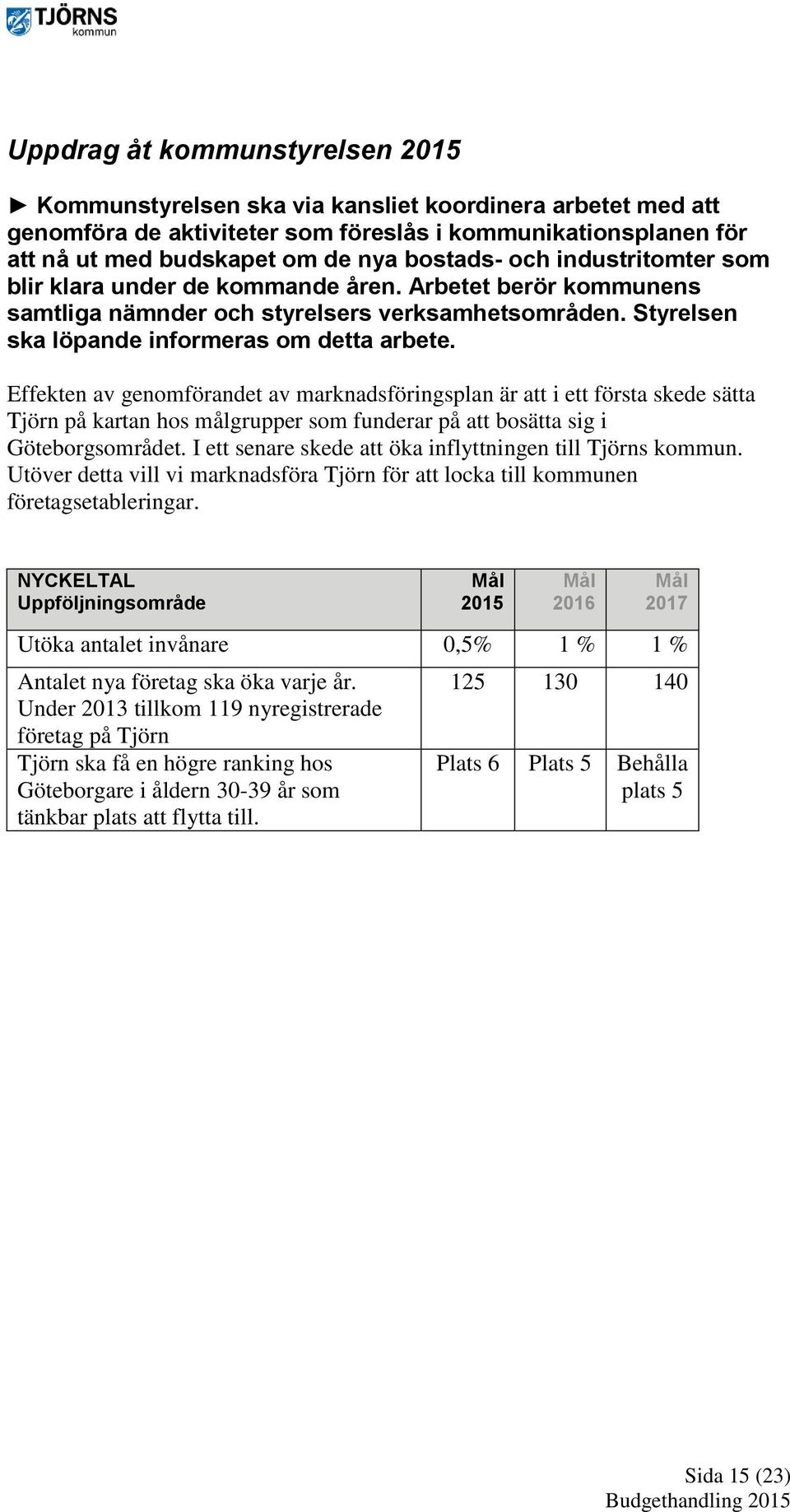 Effekten av genomförandet av marknadsföringsplan är att i ett första skede sätta Tjörn på kartan hos målgrupper som funderar på att bosätta sig i Göteborgsområdet.