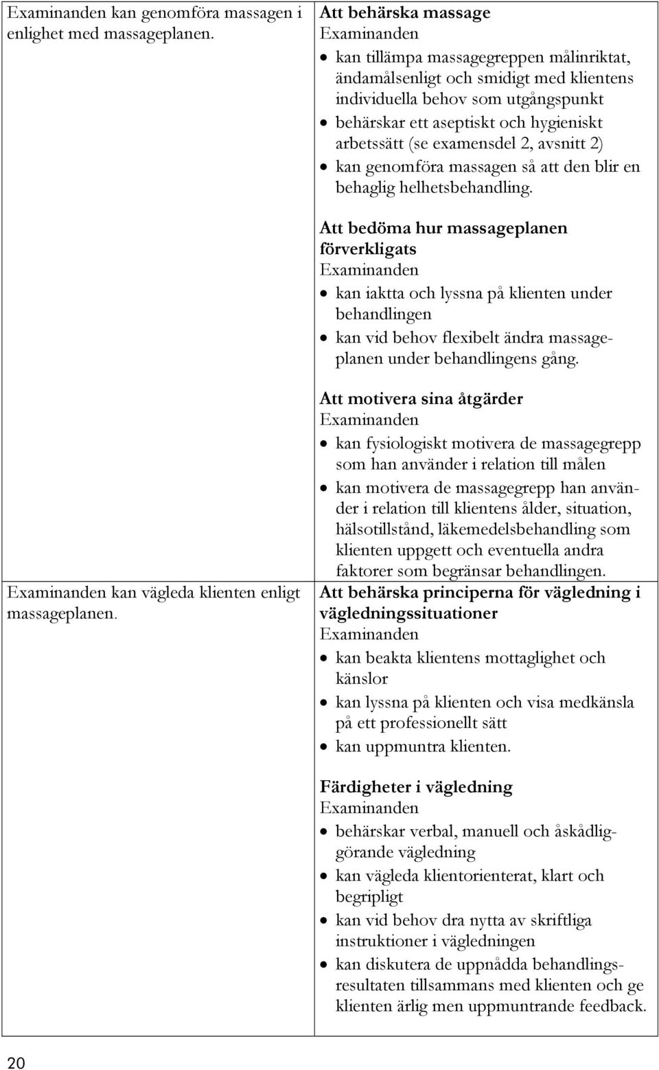 examensdel 2, avsnitt 2) kan genomföra massagen så att den blir en behaglig helhetsbehandling.