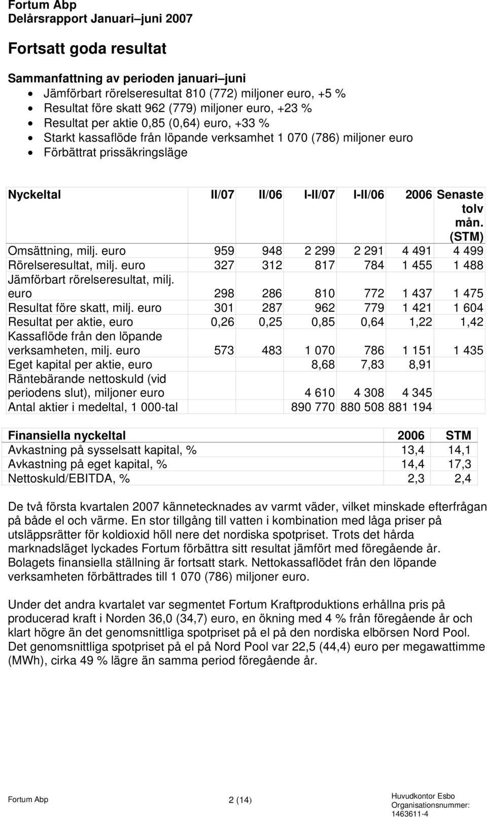 tolv mån. (STM) Omsättning, milj. euro 959 948 2 299 2 291 4 491 4 499 Rörelseresultat, milj. euro 327 312 817 784 1 455 1 488 Jämförbart rörelseresultat, milj.