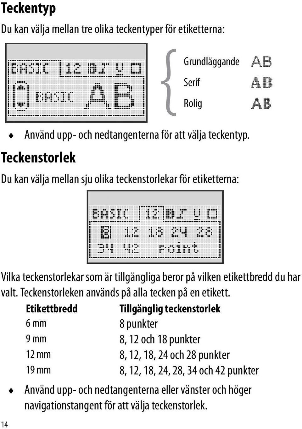 valt. Teckenstorleken används på alla tecken på en etikett.