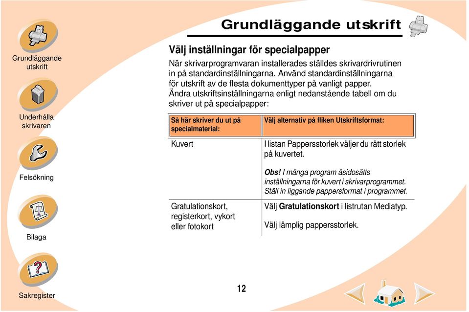 Ändra sinställningarna enligt nedanstående tabell om du skriver ut på specialpapper: Så här skriver du ut på specialmaterial: Kuvert Gratulationskort, registerkort, vykort