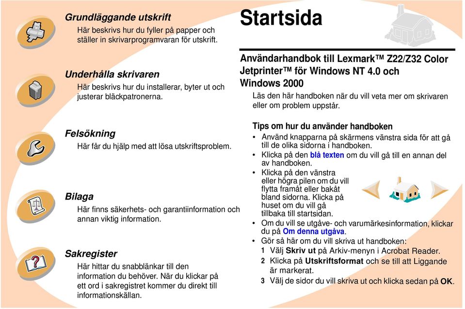 Tips om hur du använder handboken Använd knapparna på skärmens vänstra sida för att gå till de olika sidorna i handboken. Här får du hjälp med att lösa sproblem.