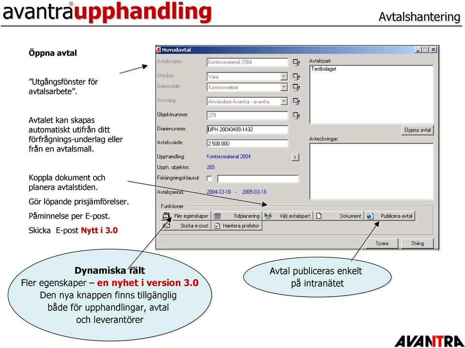 Koppla dokument och planera avtalstiden. Gör löpande prisjämförelser. Påminnelse per E-post.