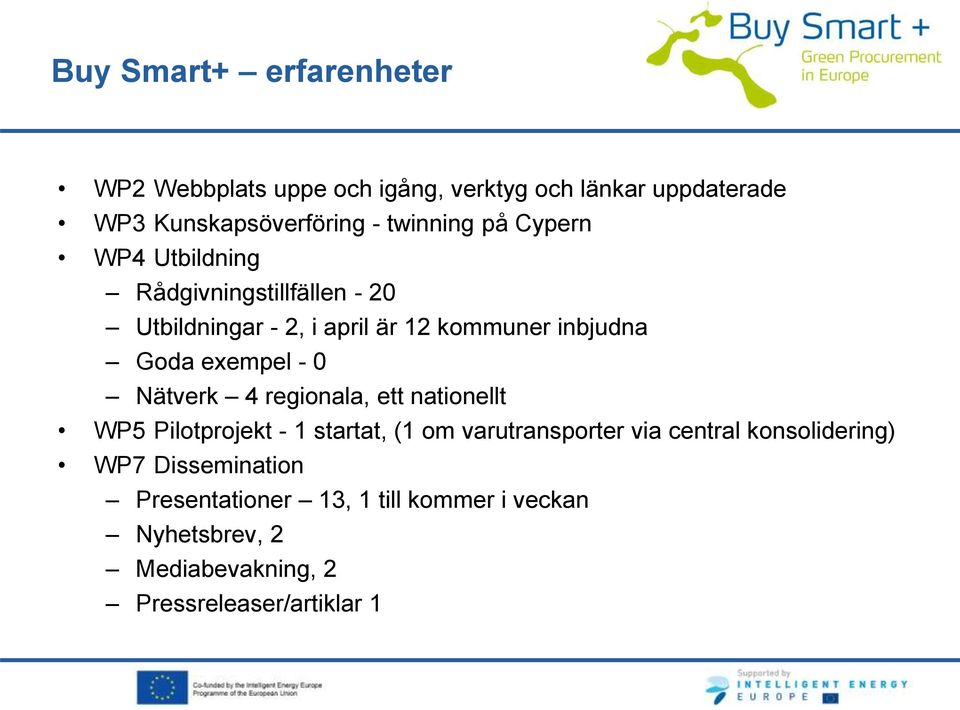 exempel - 0 Nätverk 4 regionala, ett nationellt WP5 Pilotprojekt - 1 startat, (1 om varutransporter via central