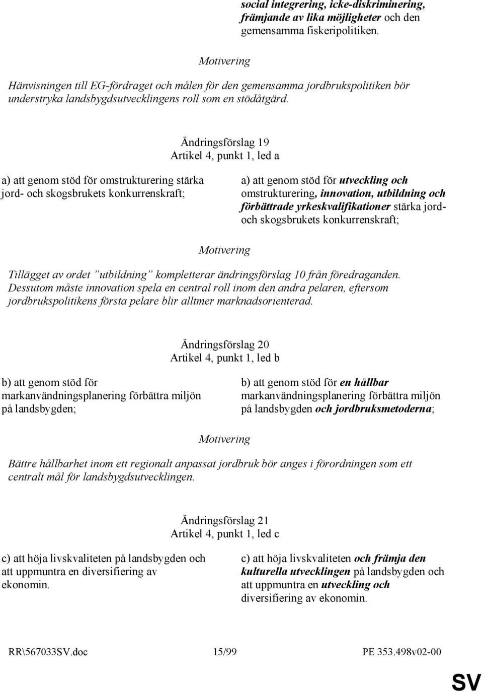 Ändringsförslag 19 Artikel 4, punkt 1, led a a) att genom stöd för omstrukturering stärka jord- och skogsbrukets konkurrenskraft; a) att genom stöd för utveckling och omstrukturering, innovation,