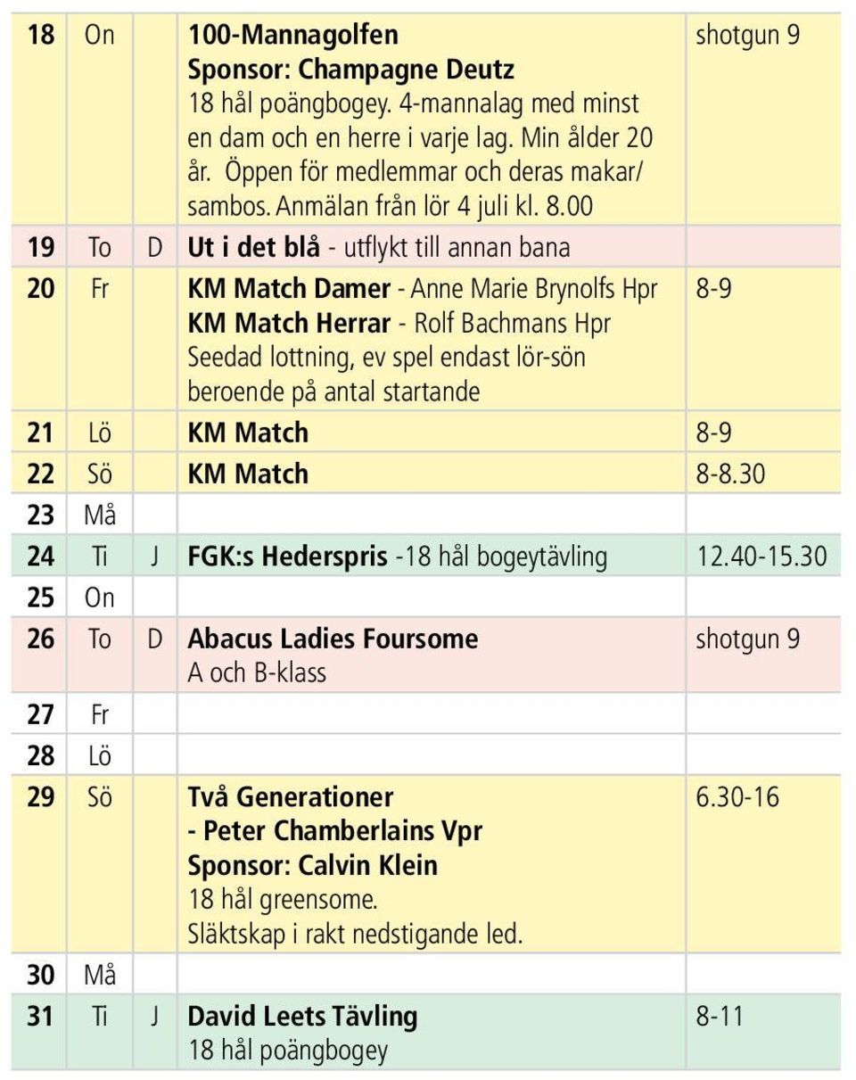 00 19 To D Ut i det blå - utflykt till annan bana 20 Fr KM Match Damer - Anne Marie Brynolfs Hpr 8-9 KM Match Herrar - Rolf Bachmans Hpr Seedad lottning, ev spel endast lör-sön beroende på antal