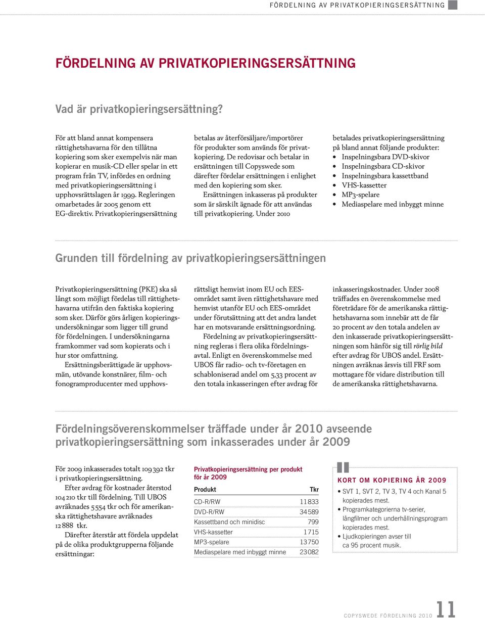 privatkopieringsersättning i upphovsrättslagen år 1999. Regleringen omarbetades år 2005 genom ett EG-direktiv.