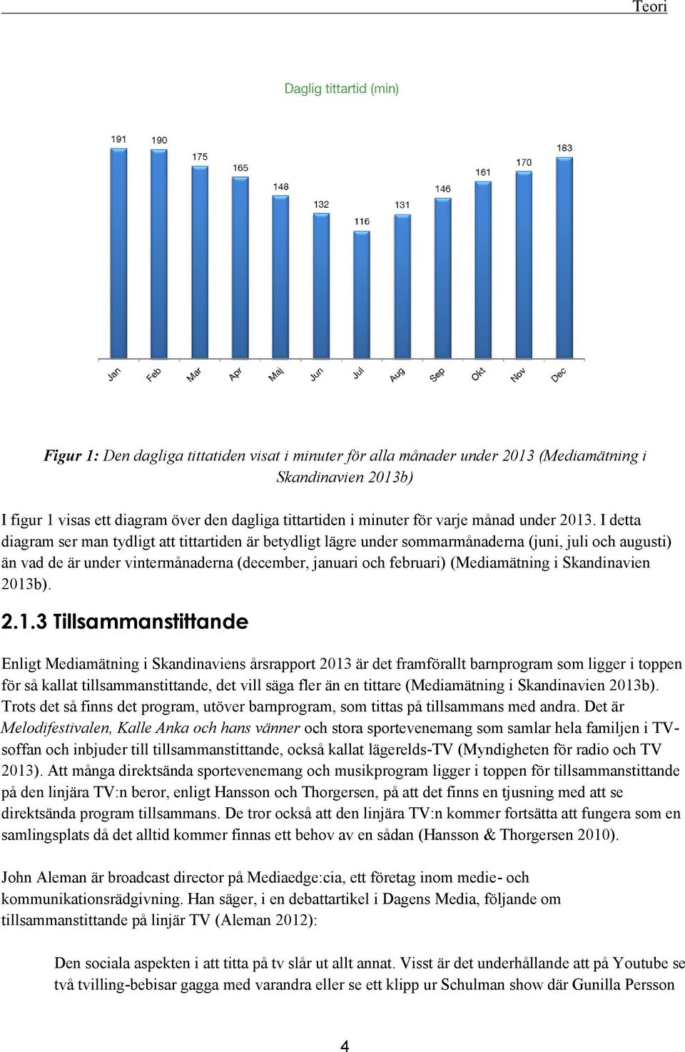 I detta diagram ser man tydligt att tittartiden är betydligt lägre under sommarmånaderna (juni, juli och augusti) än vad de är under vintermånaderna (december, januari och februari) (Mediamätning i