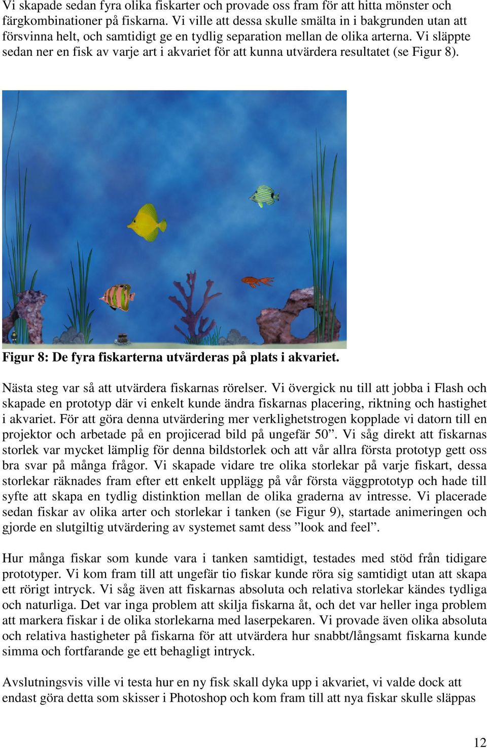 Vi släppte sedan ner en fisk av varje art i akvariet för att kunna utvärdera resultatet (se Figur 8). Figur 8: De fyra fiskarterna utvärderas på plats i akvariet.
