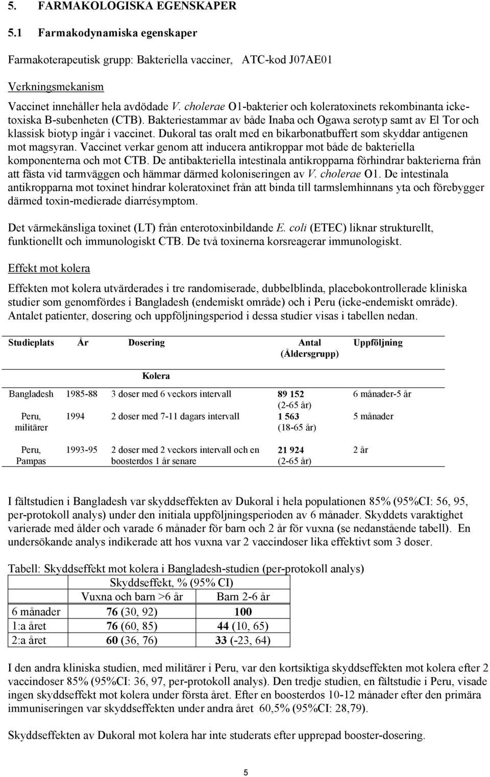 Dukoral tas oralt med en bikarbonatbuffert som skyddar antigenen mot magsyran. Vaccinet verkar genom att inducera antikroppar mot både de bakteriella komponenterna och mot CTB.