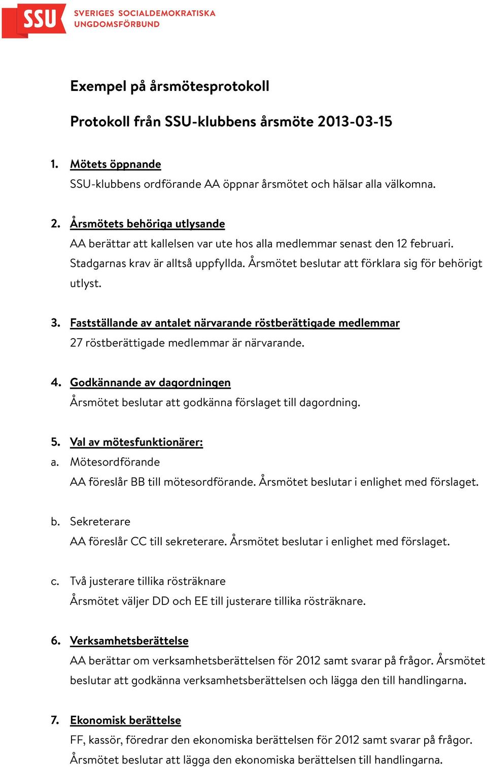 Fastställande av antalet närvarande röstberättigade medlemmar 27 röstberättigade medlemmar är närvarande. 4. Godkännande av dagordningen Årsmötet beslutar att godkänna förslaget till dagordning. 5.