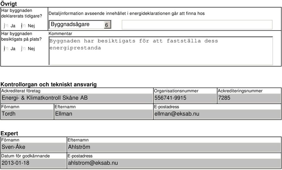 fastställa dess energiprestanda Kontrollorgan och tekniskt ansvarig Ackrediterat företag Energi- & Klimatkontroll Skåne AB Förnamn Tordh