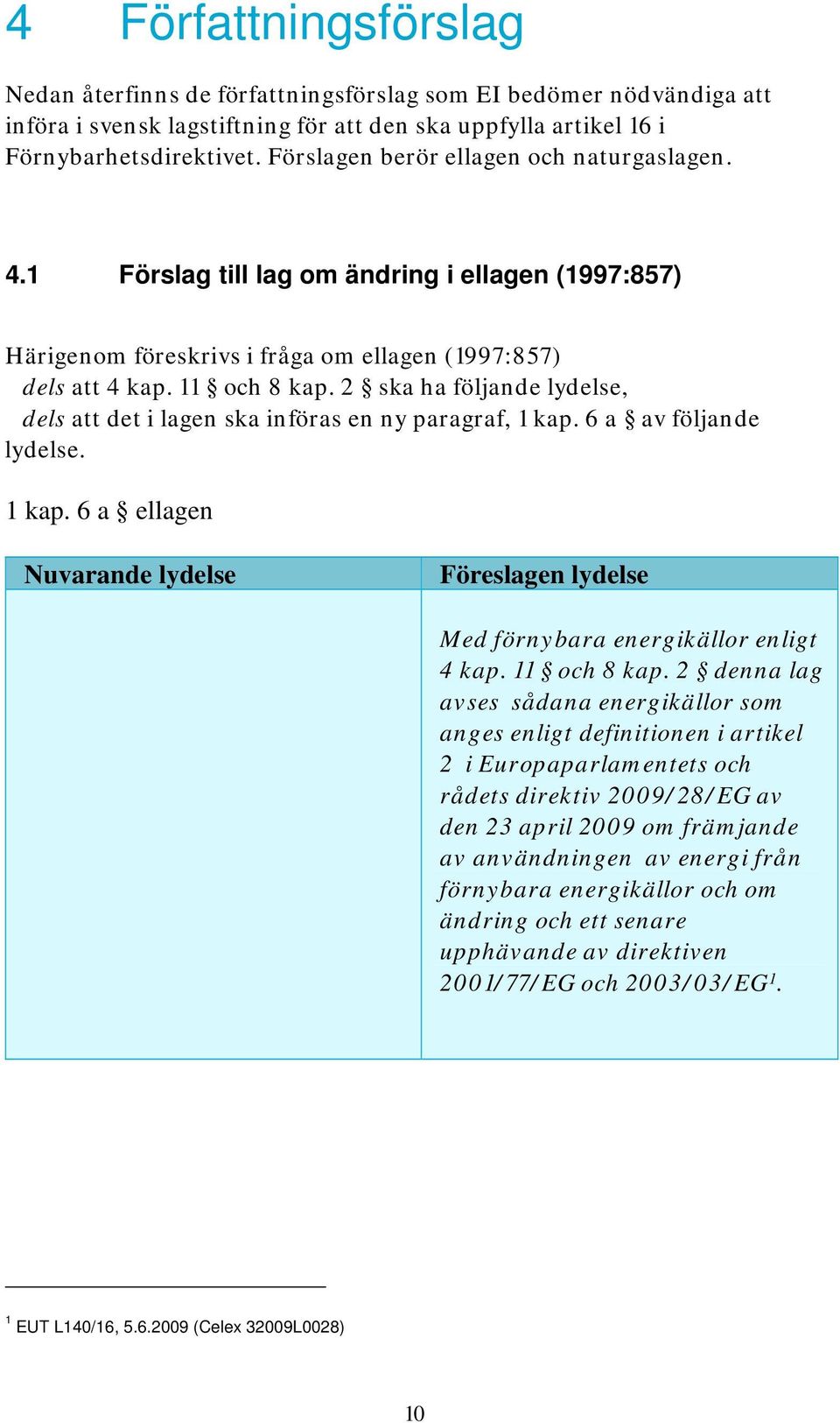 2 ska ha följande lydelse, dels att det i lagen ska införas en ny paragraf, 1 kap. 6 a av följande lydelse. 1 kap. 6 a ellagen Nuvarande lydelse Föreslagen lydelse Med förnybara energikällor enligt 4 kap.