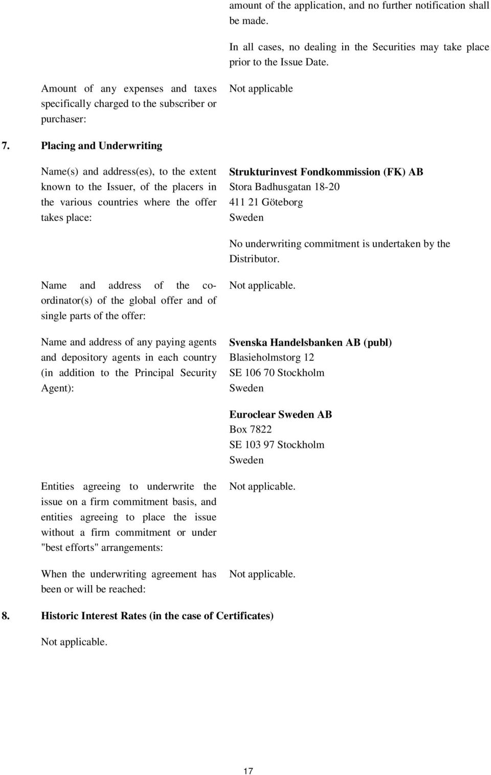 Placing and Underwriting Name(s) and address(es), to the extent known to the Issuer, of the placers in the various countries where the offer takes place: Strukturinvest Fondkommission (FK) AB Stora