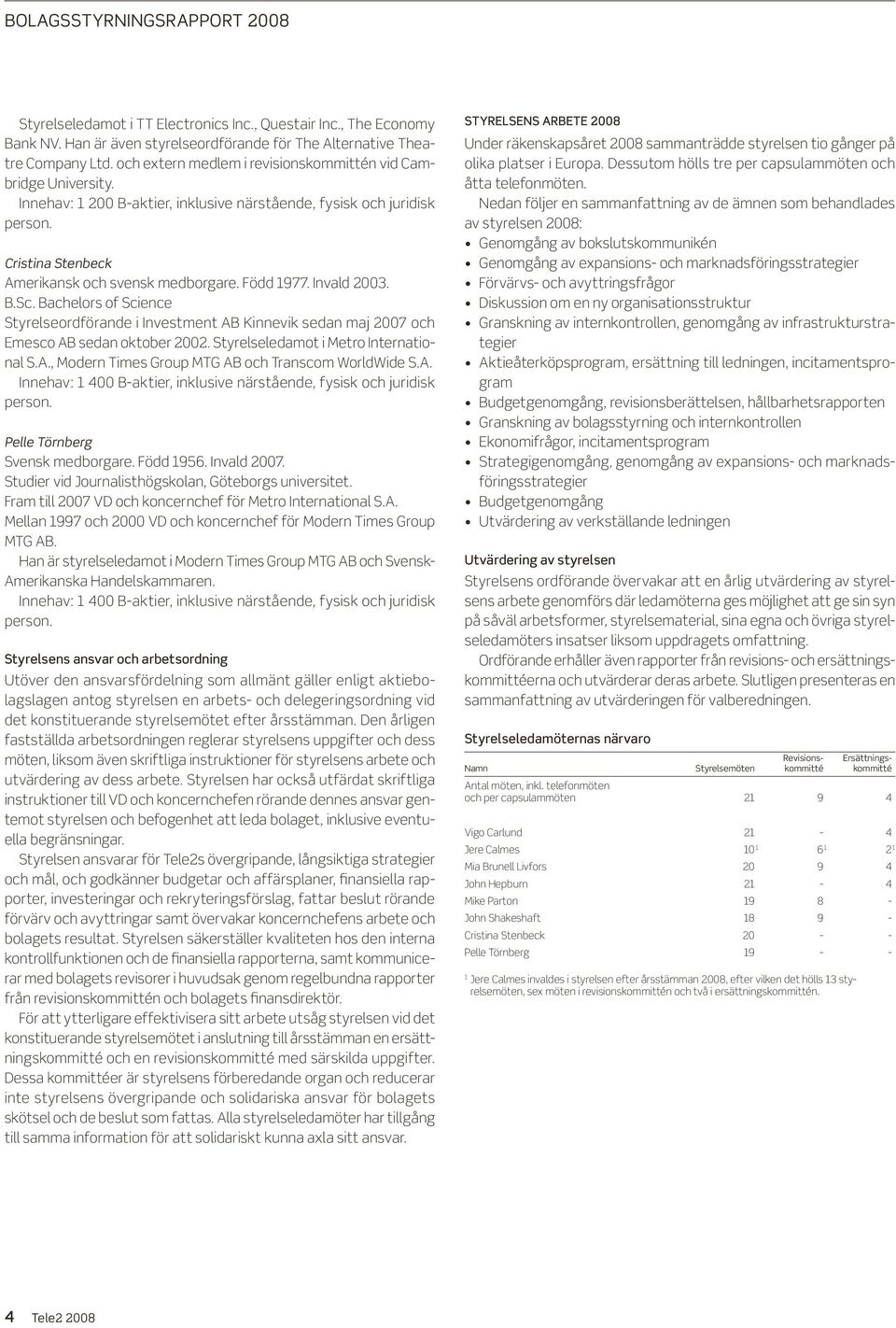 Invald 2003. B.Sc. Bachelors of Science Styrelseordförande i Investment AB Kinnevik sedan maj 2007 och Emesco AB sedan oktober 2002. Styrelseledamot i Metro International S.A., Modern Times Group MTG AB och Transcom WorldWide S.