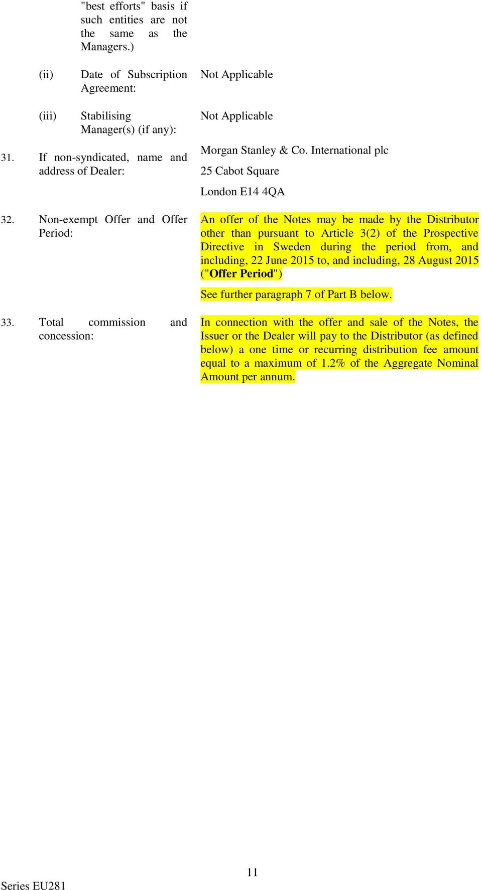 International plc 25 Cabot Square London E14 4QA An offer of the Notes may be made by the Distributor other than pursuant to Article 3(2) of the Prospective Directive in Sweden during the period