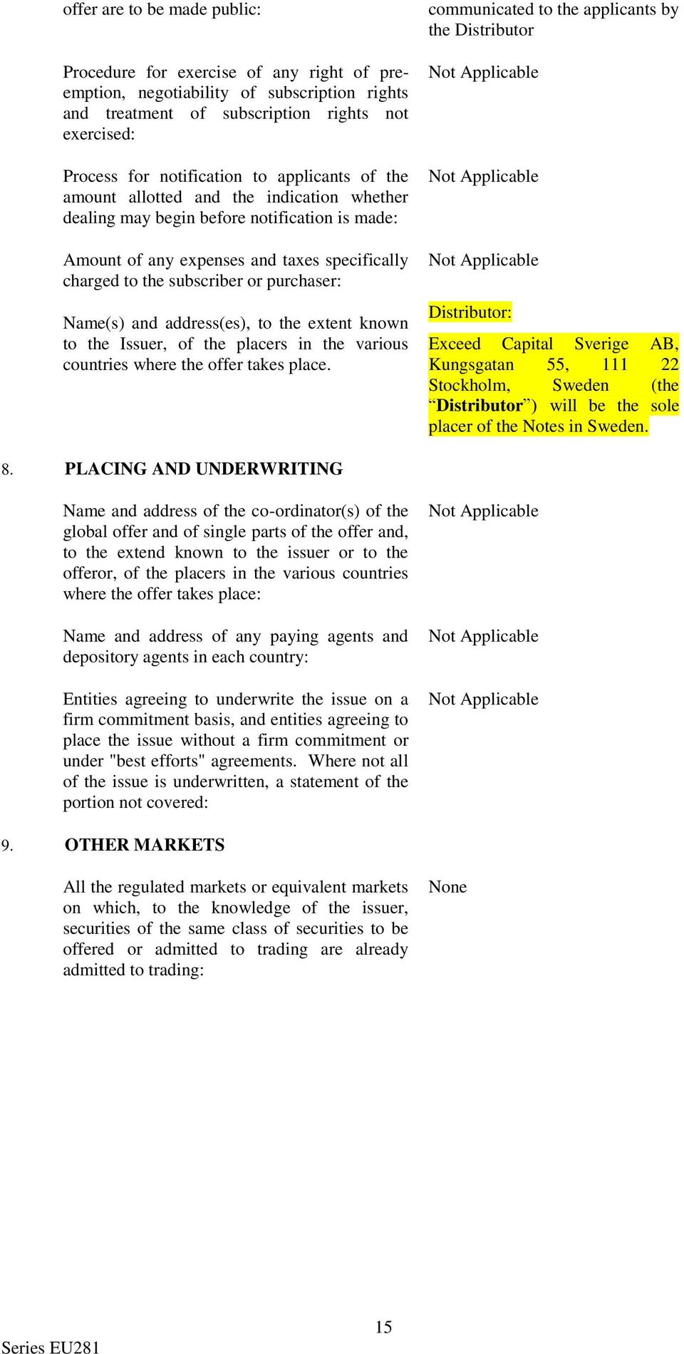 Name(s) and address(es), to the extent known to the Issuer, of the placers in the various countries where the offer takes place.