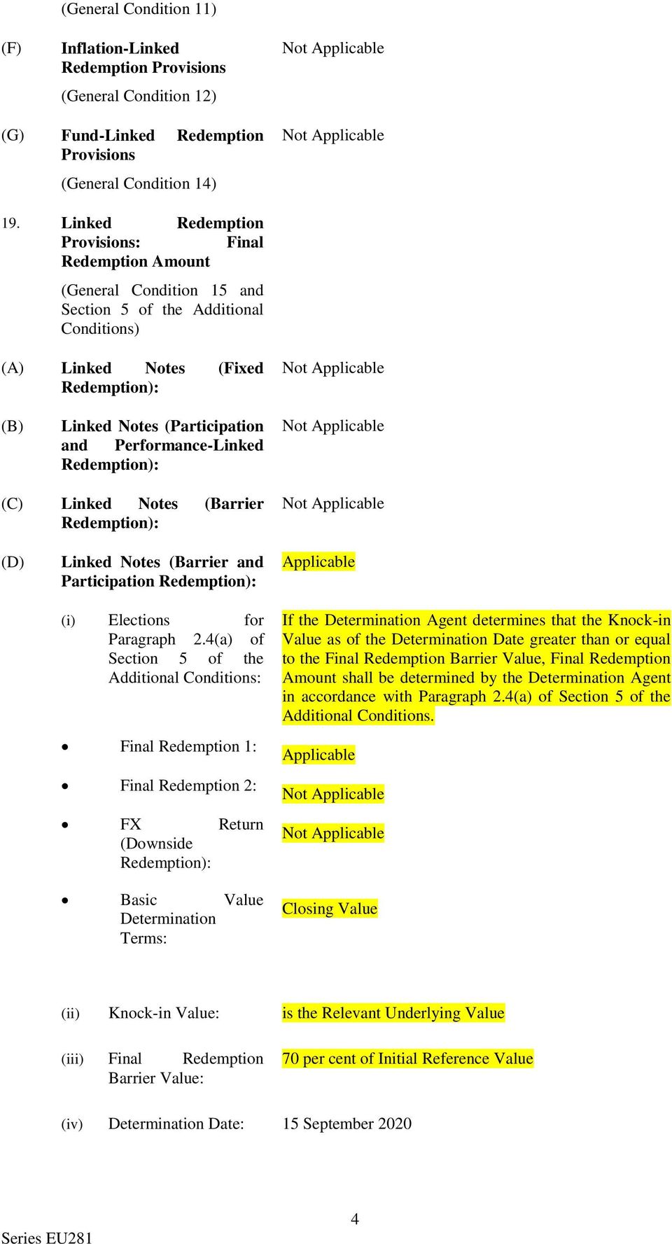 Performance-Linked Redemption): (C) Linked Notes (Barrier Redemption): (D) Linked Notes (Barrier and Participation Redemption): (i) Elections for Paragraph 2.