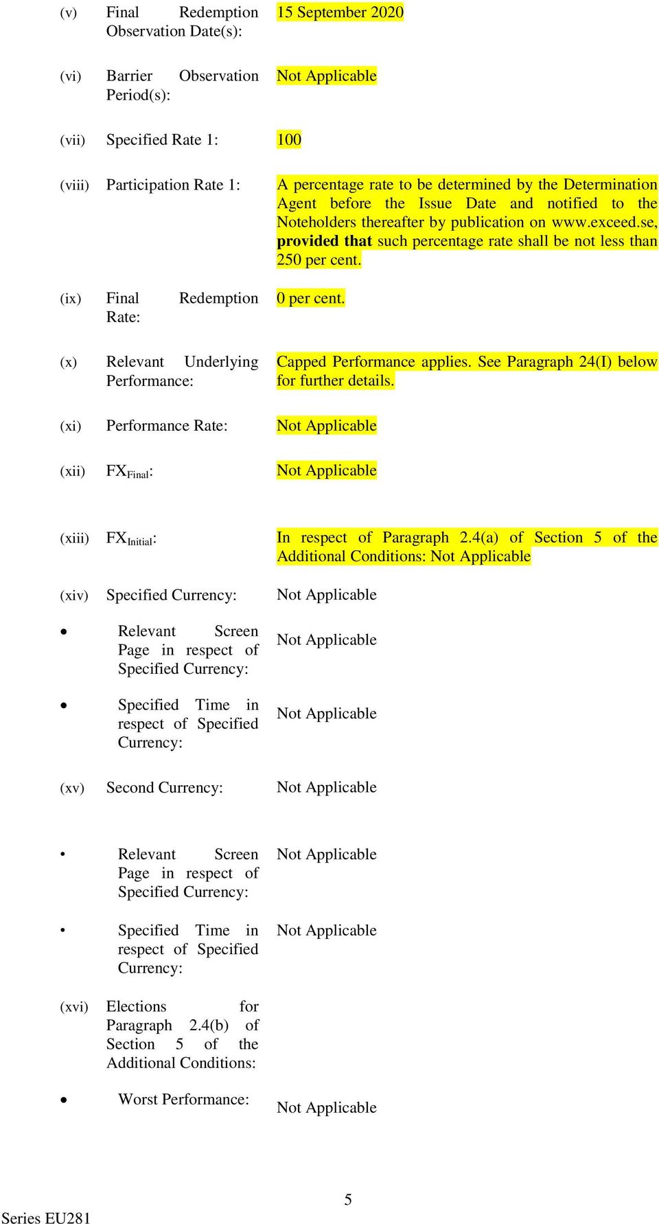 (ix) Final Redemption Rate: (x) Relevant Underlying Performance: 0 per cent. Capped Performance applies. See Paragraph 24(I) below for further details.