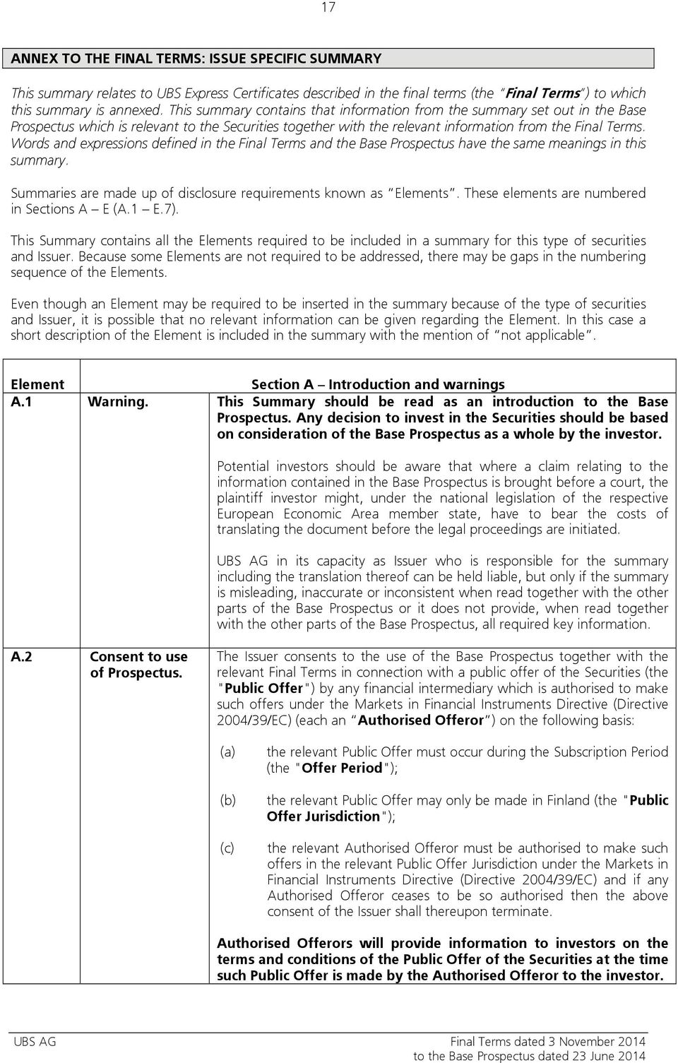 Words and expressions defined in the Final Terms and the Base Prospectus have the same meanings in this summary. Summaries are made up of disclosure requirements known as Elements.