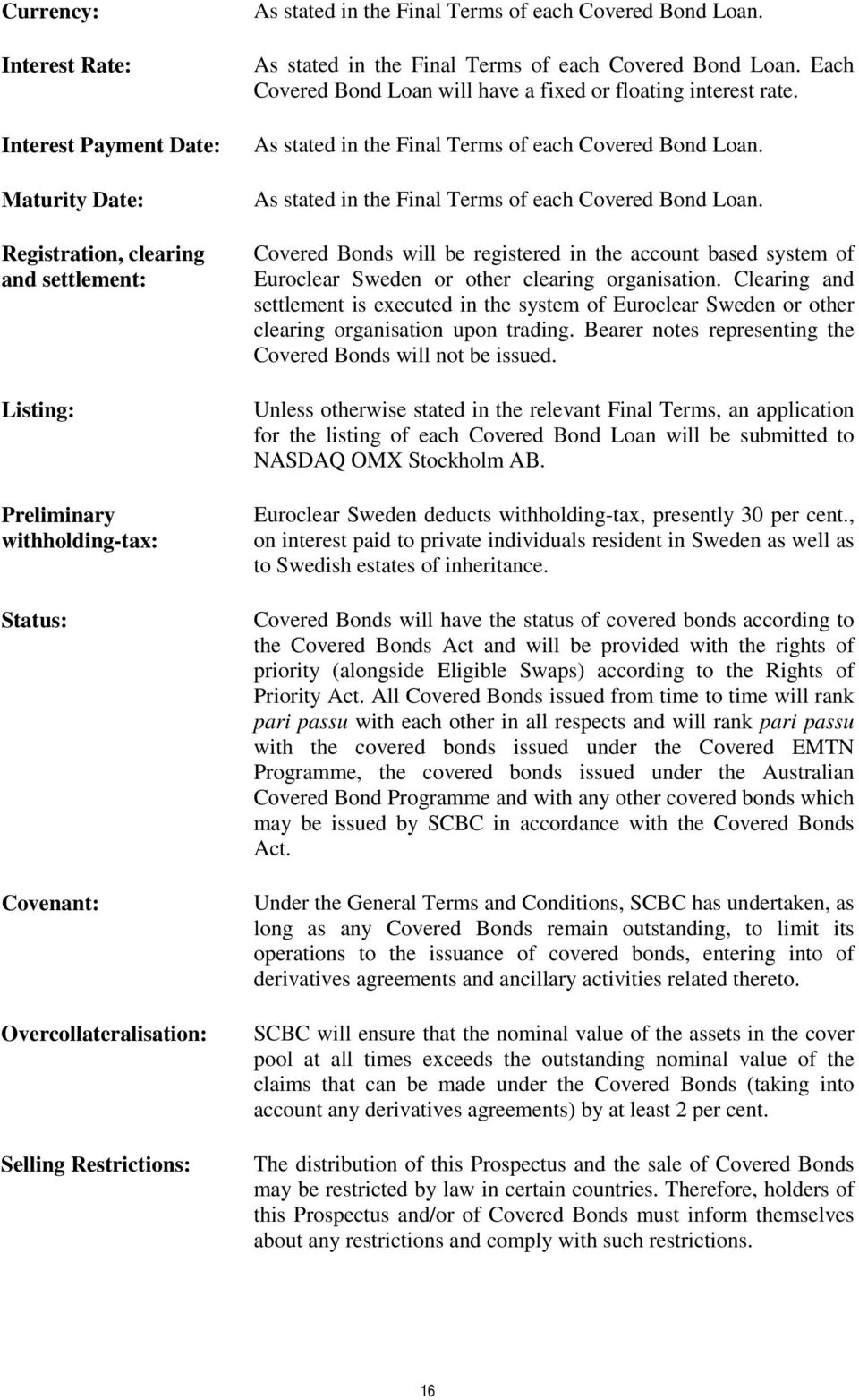 As stated in the Final Terms of each Covered Bond Loan. As stated in the Final Terms of each Covered Bond Loan.