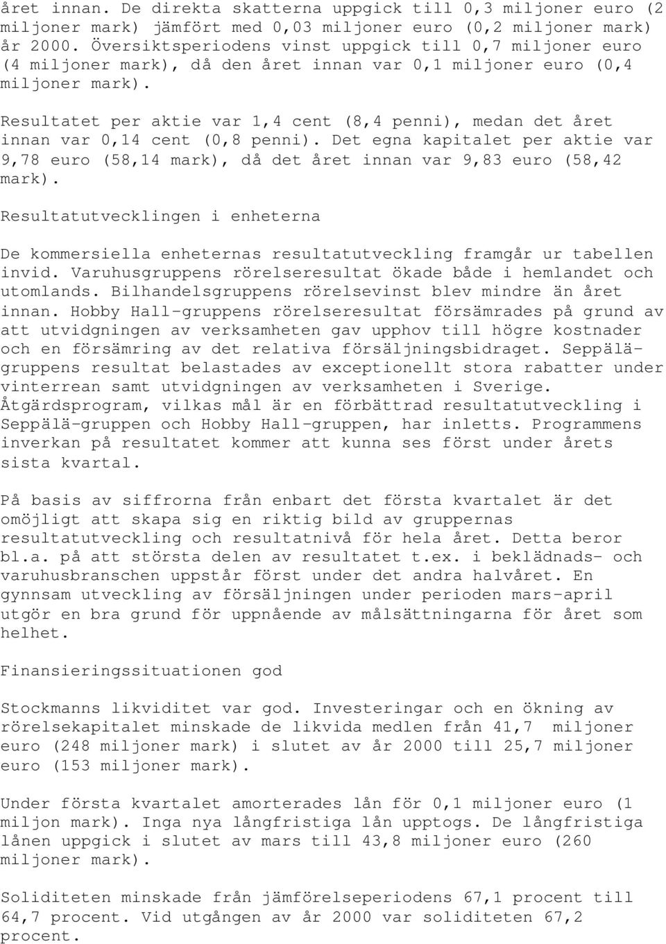 Resultatet per aktie var 1,4 cent (8,4 penni), medan det året innan var 0,14 cent (0,8 penni). Det egna kapitalet per aktie var 9,78 euro (58,14 mark), då det året innan var 9,83 euro (58,42 mark).