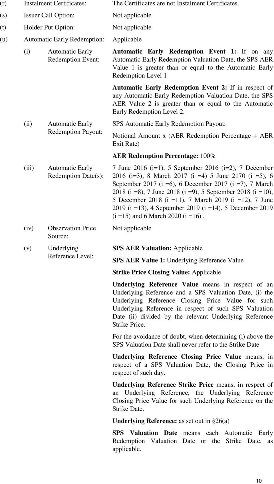 Date(s): Observation Price Source: Underlying Reference Level: Applicable Automatic Early Redemption Event 1: If on any Automatic Early Redemption Valuation Date, the SPS AER Value 1 is greater than