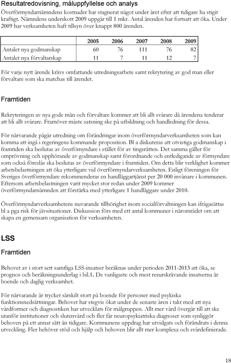 2005 2006 2007 2008 2009 Antalet nya godmanskap 60 76 111 76 82 Antalet nya förvaltarskap 11 7 11 12 7 För varje nytt ärende krävs omfattande utredningsarbete samt rekrytering av god man eller