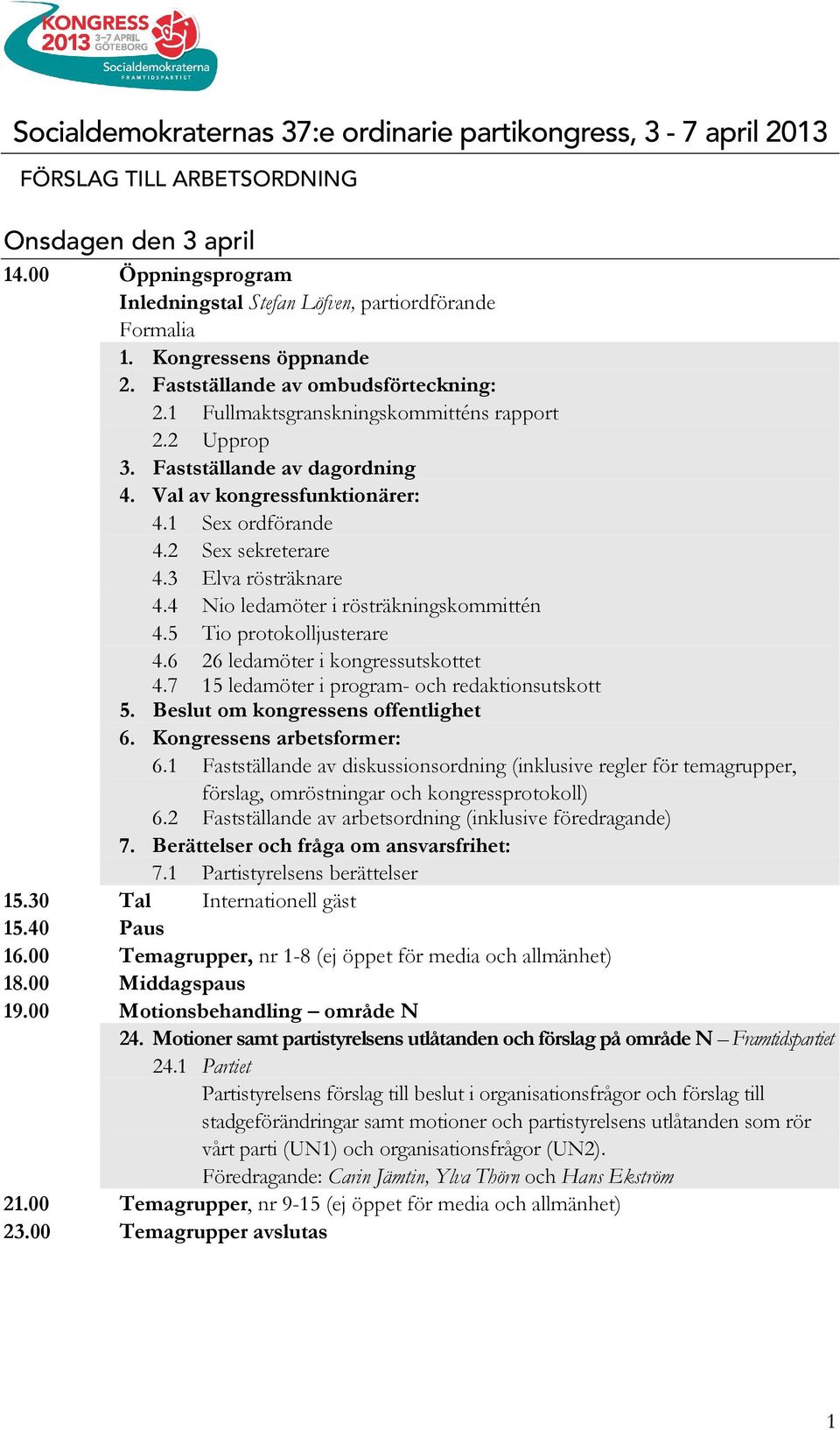 2 Sex sekreterare 4.3 Elva rösträknare 4.4 Nio ledamöter i rösträkningskommittén 4.5 Tio protokolljusterare 4.6 26 ledamöter i kongressutskottet 4.7 15 ledamöter i program- och redaktionsutskott 5.