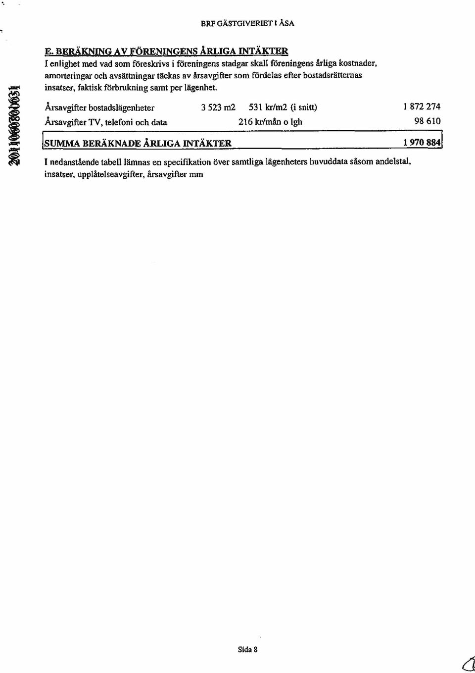 ~ Årsavgifter bostadslägenheter 3 523 m2 531 kr/m2 (1 snitt) 1 872 274 Årsavgifter TV, telefoni och data 216 kr/mån o lgh 98 610 1SUMMA BERÄKNADE ÅRLIGA