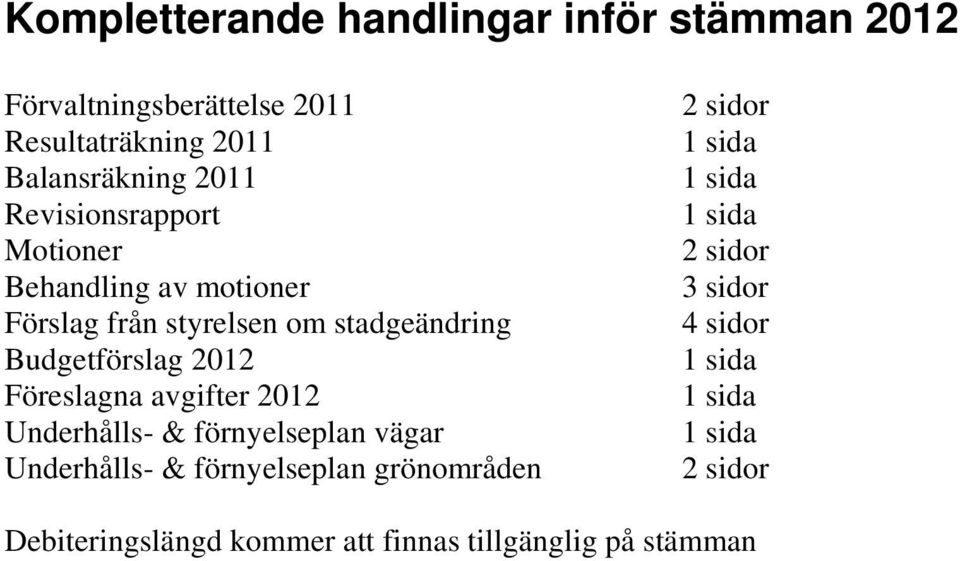 Föreslagna avgifter 2012 Underhålls- & förnyelseplan vägar Underhålls- & förnyelseplan grönområden 2 sidor 1 sida