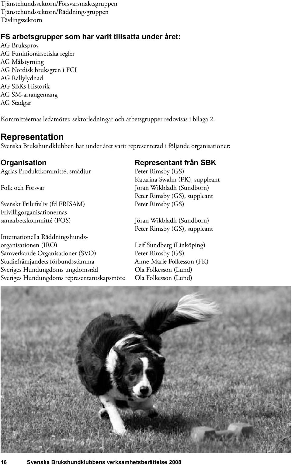 Representation Svenska Brukshundklubben har under året varit representerad i följande organisationer: Organisation Agrias Produktkommitté, smådjur Folk och Försvar Svenskt Friluftsliv (fd FRISAM)
