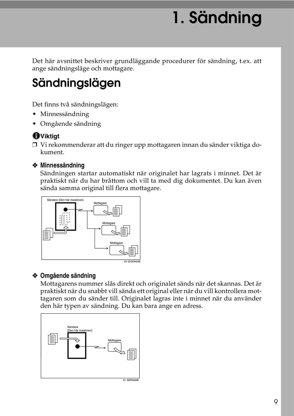 Minnessändning Sändningen startar automatiskt när originalet har lagrats i minnet. Det är praktiskt när du har bråttom och vill ta med dig dokumentet.